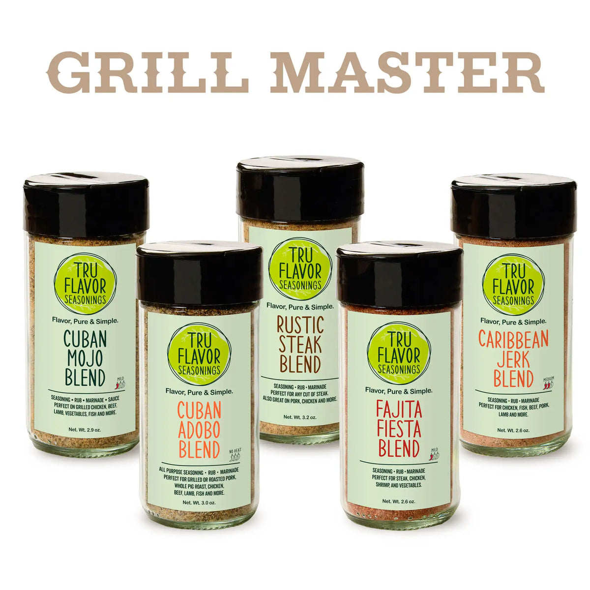 Grill Master’s Bundle
TruFlavor Grill Master’s Bundle with six seasoning blends on a white background.
Caribbean Jerk, Cuban Adobo, Cuban Mojo, Fajita Fiesta, Shrimp Scampi, and Rustic Steak blends in jars and bags on a white background.