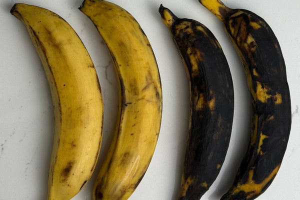 Four plantains displayed on a white countertop showing different ripeness stages — two very ripe with black skins on the left and two yellow, less ripe plantains on the right.